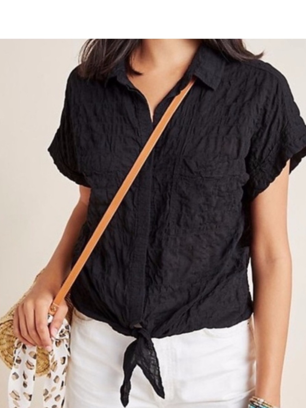 cloth & stone Black Short-Sleeve Tie-Front Button Down Shirt